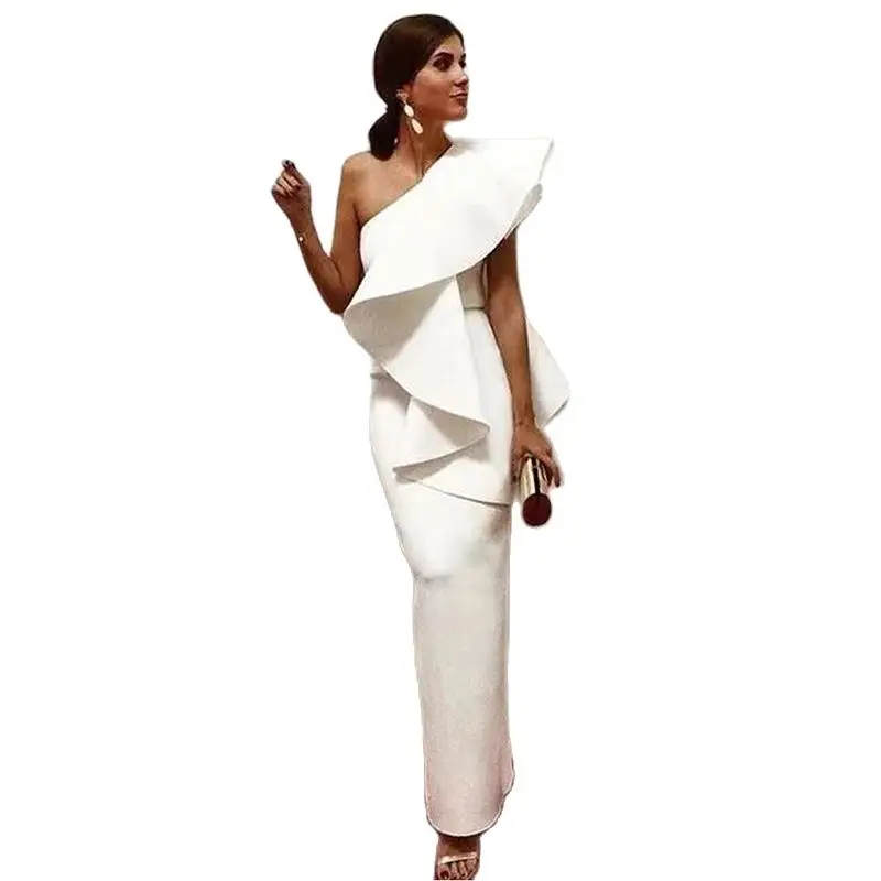 

2021 New Style Women's Spring and Summer Slim Fit Lotus Leaf Sloping Shoulder Banquet Party Formal Dress Long Skirt