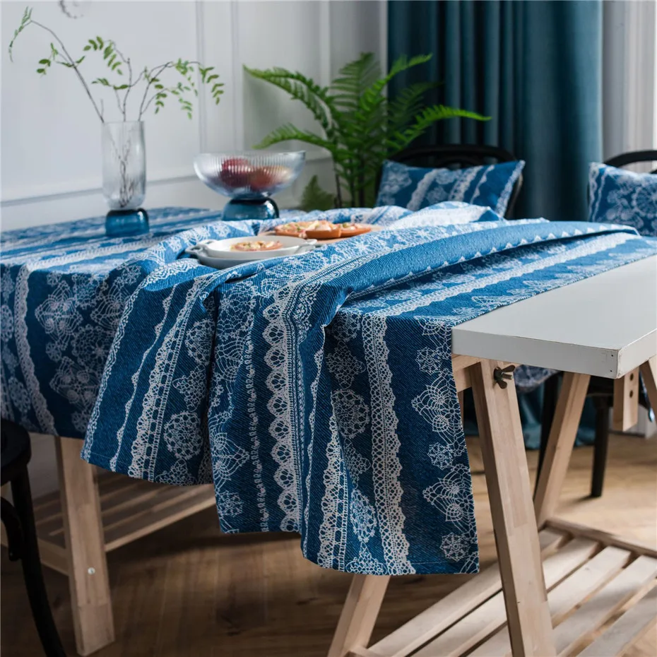 Винтажная кружевная синяя скатерть с цветочным принтом прямоугольная для стола