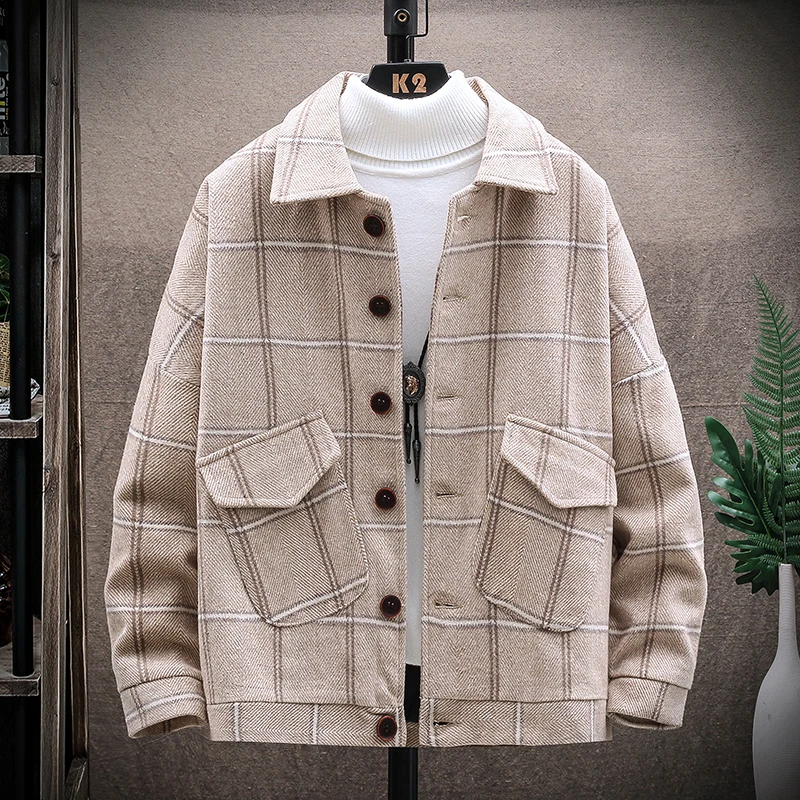 Куртка мужская шерстяная в клетку повседневная верхняя одежда Корейском стиле