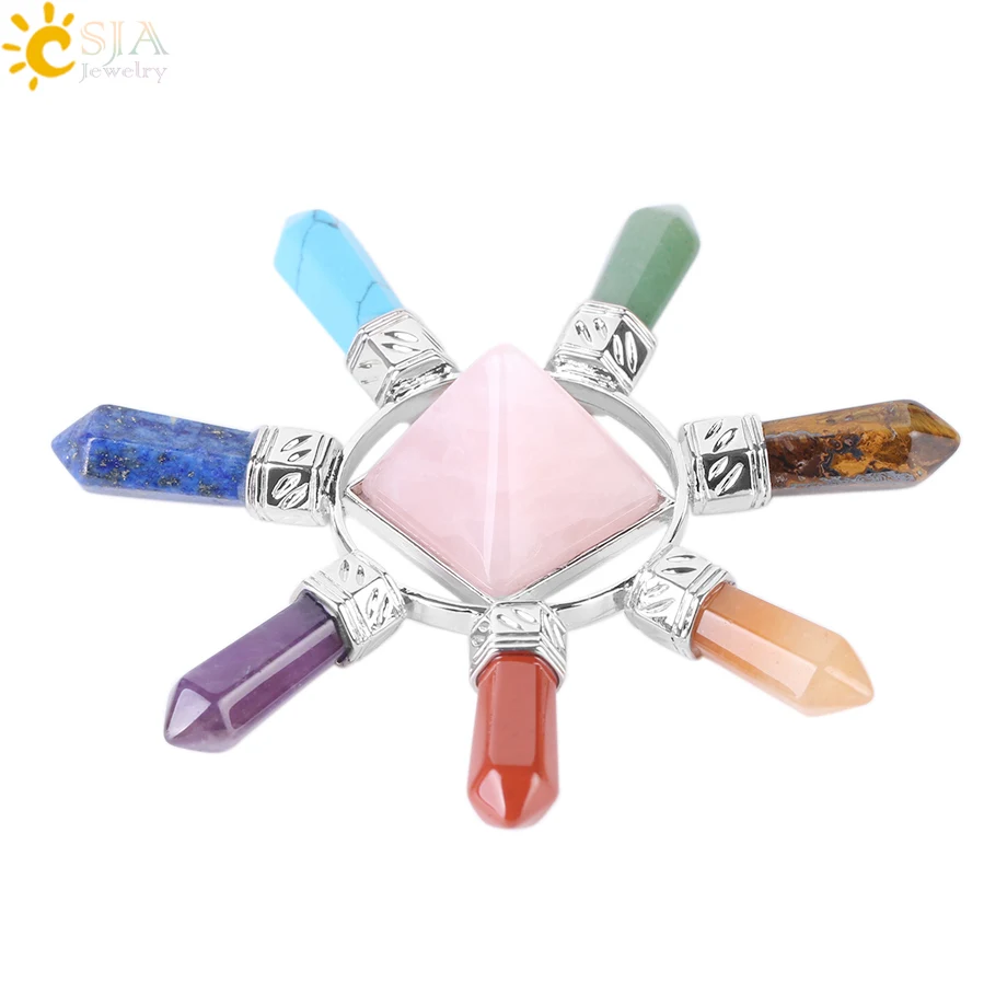 CSJA  7 Chakra Jewelry Energy Power Natural Stone Meditation Crystal Pyramid Hexagonal Prism for Men Women Yoga Healing F342