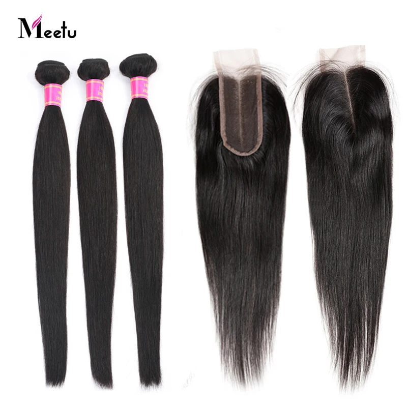 Перуанские прямые волосы с закрытием натуральный цвет человеческие пучки