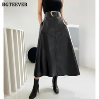 bgteever chic high waist sashes belted women pu leather skirts autumn winter stylish loose midi female faux pu skirts 2021