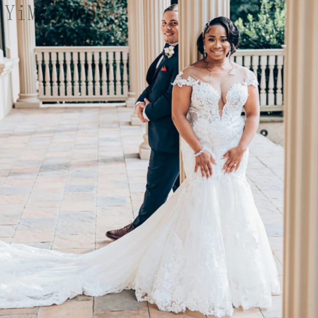 

Кружевное свадебное платье-Русалка со шлейфом, иллюзионный лиф, садовое пляжное платье невесты