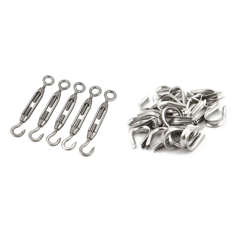 

25 Pcs 4Mm Wire Rope Cable Thimbles Silver & 5 Pcs Hook Eye Turnbuckle Wire Rope Tension