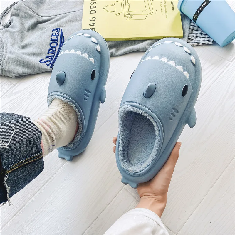 

EVA Parent-child Slippers Winter Household Cartoon Couple Shark Cotton Drag Women Waterproof Thick Bottom Plush Men's Slippers