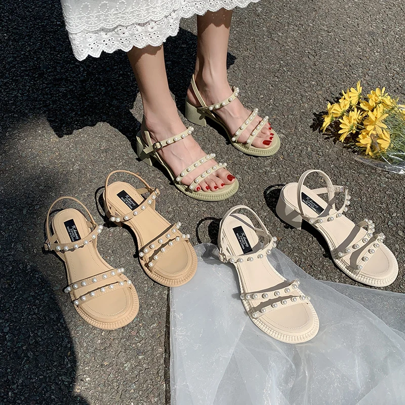 

Buckle Strap Block Heels Beach Sandal Woman Luxury 2021 Summer Female Shoe Chunky Comfort Pearl Gladiator Girls New Clear Beige
