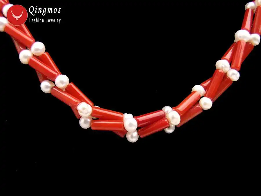 Qingmos Natural 3*9mm Thick Slice Red Coral Necklace for Women with 4mm Round White Pearl Jewelry 3 Strand Chokers 17'' | Украшения