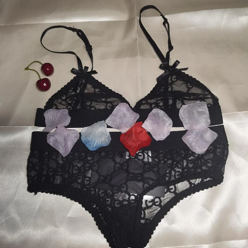 

2 PCS Women G letter Lingerie set See-through Sexy bralette bra Set Transparent Mesh Underwear set Nightwear bra panty set