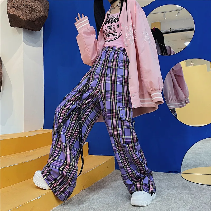 

Hippie Purple Plaid Harajuku Streetwear Chain Checked Trousers Famale High Waist Aesthetic Mall Goth Y2K Cargo Pants Women