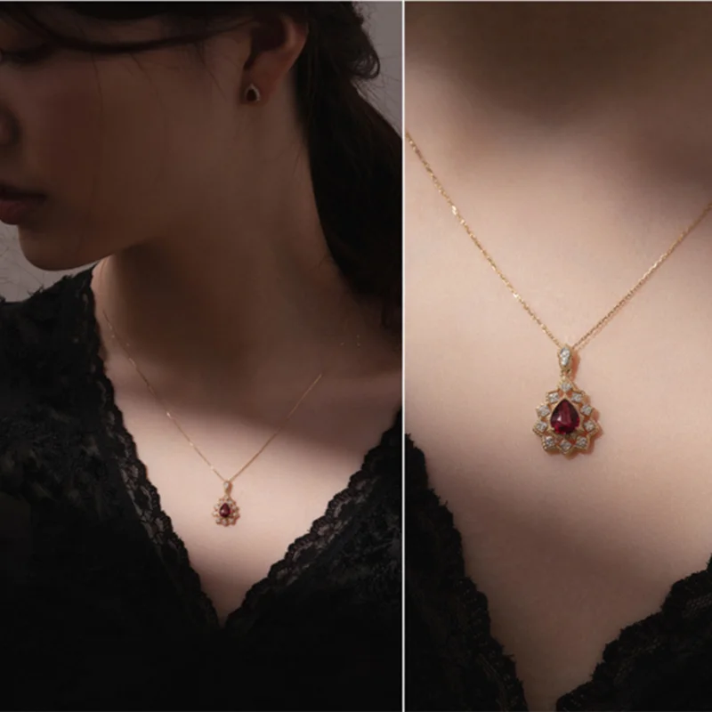 

Vintage 14k Gold Plated S925 Sterling Silver Waterdrop Pendant Necklace For Women Ruby Red Tourmaline Stone Chain Fine Jewelry