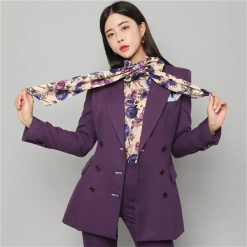 

Fashion suit Suits female New high quality Temperament Purple Double-Breasted Workplace Blazer + High Waist Slim Pants Set women
