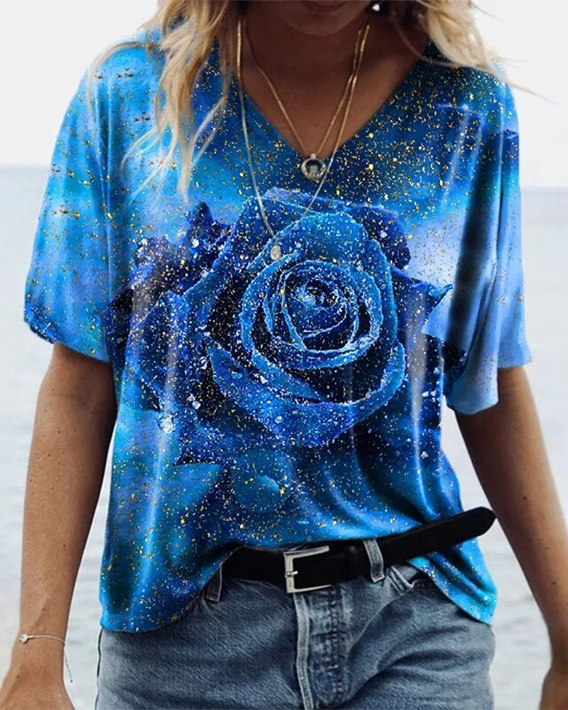 

Женская футболка с V-образным вырезом, голубая футболка с принтом роз, Повседневная футболка в стиле Харадзюку, Прямая поставка, лето 2021