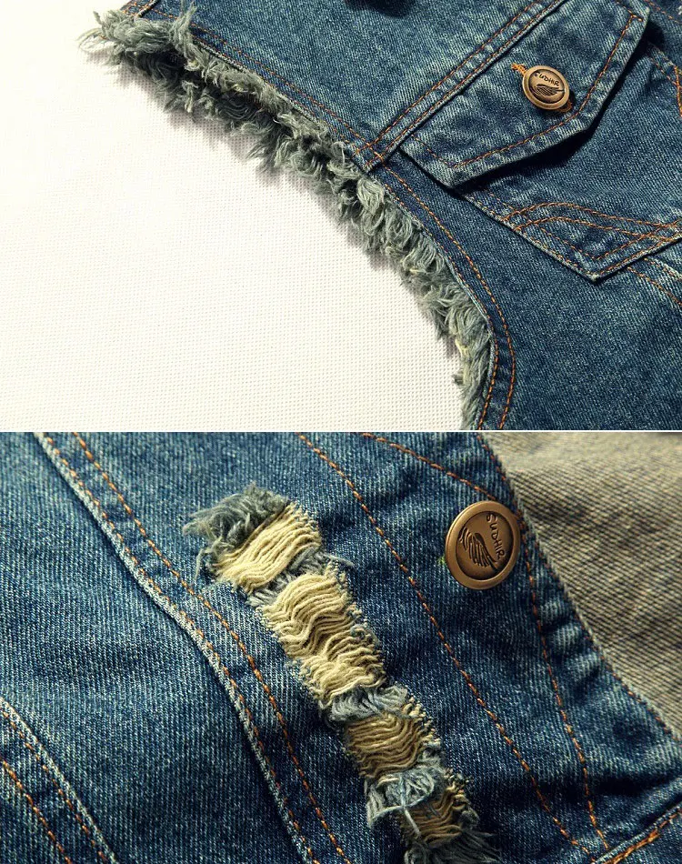 

Ripped Vintage Cowboy Vest for Men Autumn New Male Denim Waistcoat Sleeveless Jacket with Brushed Edge Fashion Washed Jeans Vest