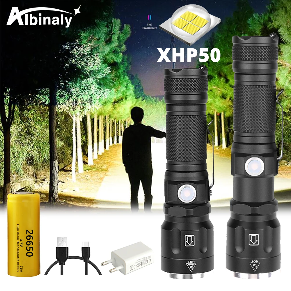 Супер яркий светодиодный фонарь XHP50, водонепроницаемый, 5 режимов освещения, масштабируемый фонарь с батареей 18650 или 26650 для активного отдыха