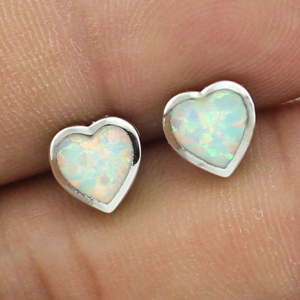 

White Fire Opal Heart Shaped Silver Plated Stud Earrings for Women