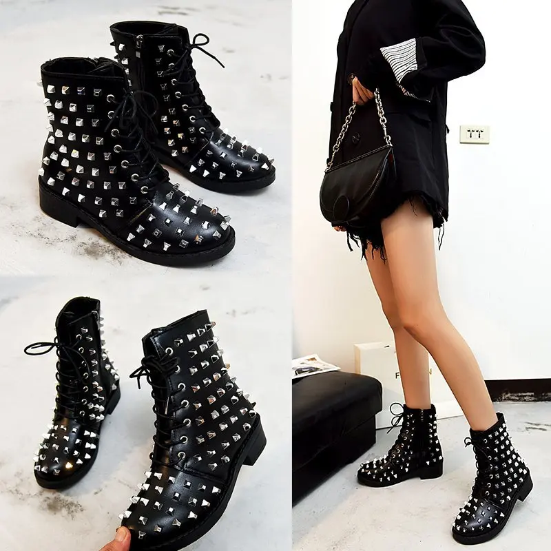 

Women Goth Shoe High Heel Platform Boot Fashion Rivet Black Leather Shoe Cool Punk Shoe Ankle Boot Martin Boot Short Ladies Boot