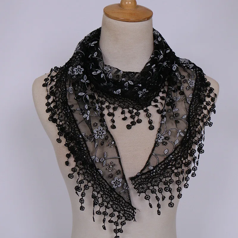 

Lace fringed scarf Women Lace Sheer Floral Scarf Shawl Wrap Tassel Scarf Hollow print elegant Neck Scarfs cachecol foulard