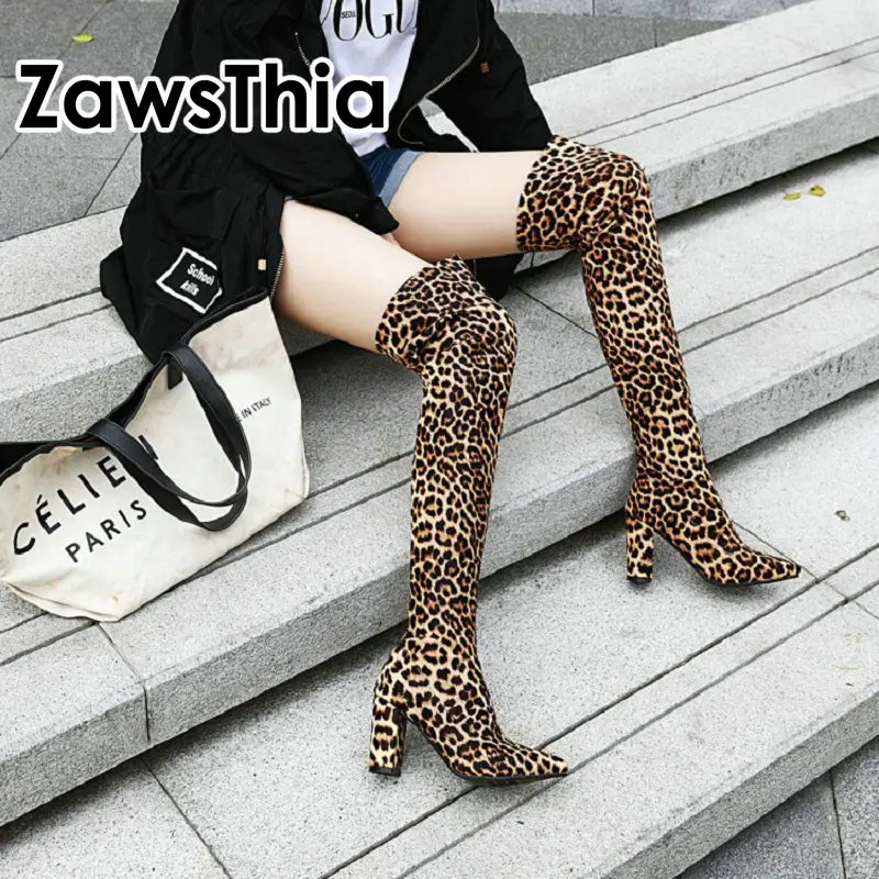 

ZawsThia purple silver leopard woman boots point toe block high heels stretch elastic booties lady over knee high overknee boots