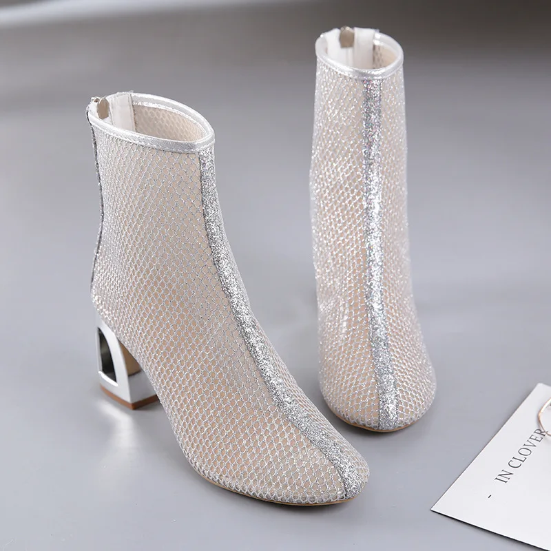 

2021 New Women's Shoes Fashion Summer Sexy Cool Boots Thick Heel Versatile Mesh Boots Fretwork Heels Short Boots Botines Mujer