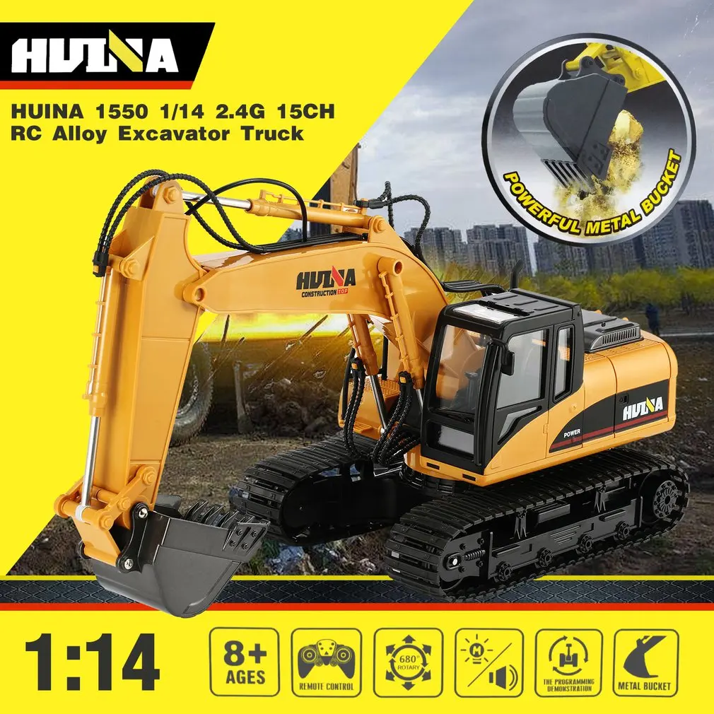 

HUINA 1550 1/14 15CH 680 Degree Rotation Alloy Bucket RC Excavator Construction Vehicle Toy Gift with Cool Sound/Light Effect