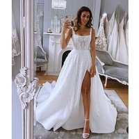 vintage high split backless wedding dresses 2021 lace appliques a line long tulle simple white wedding gowns vestido de noiva