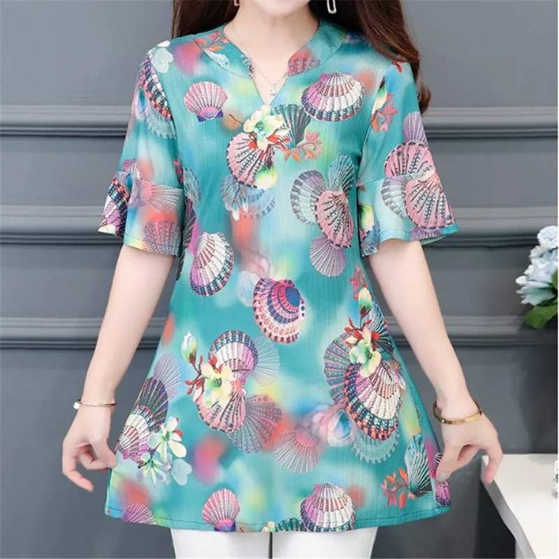 Блузка шифоновая большого размера с коротким рукавом и принтом средней длины