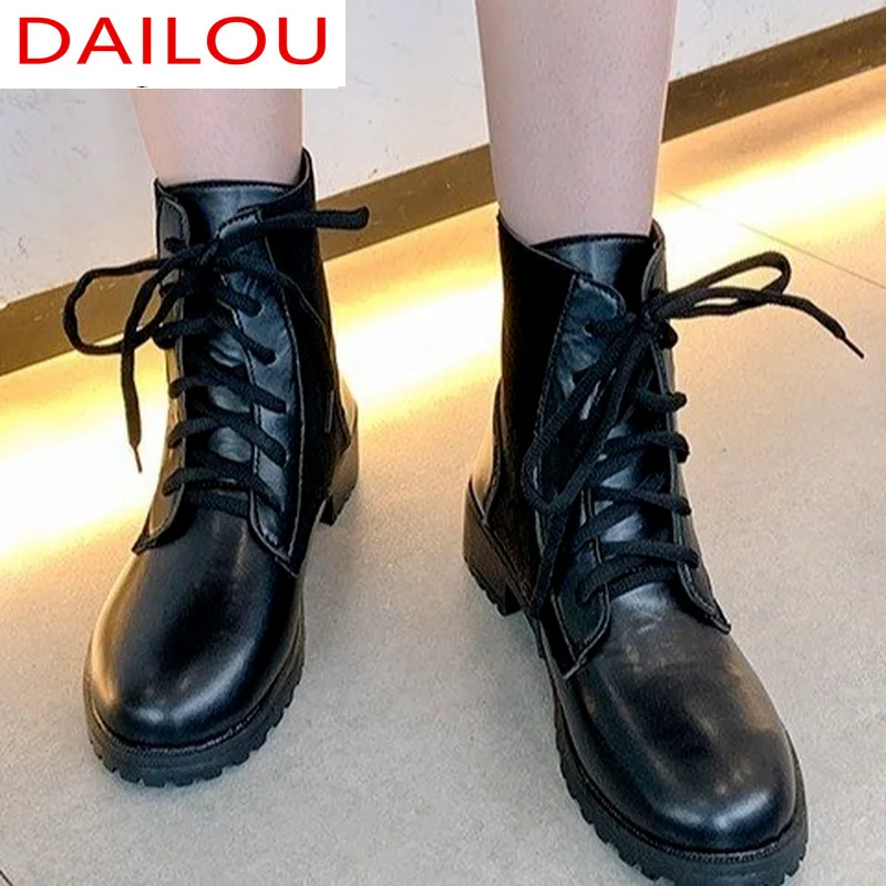 

2020 New Autumn Fashtion Platform Lace Up Square Heels Pu Leather Women's Casual Shoes Round Head Women's Short Ankle Boots
