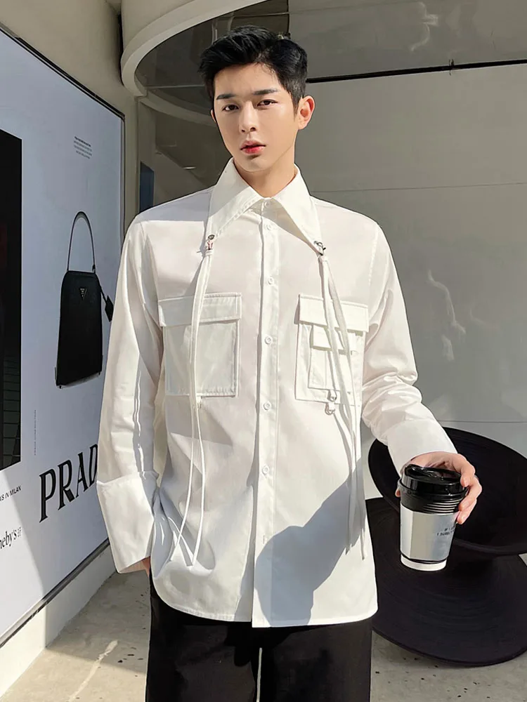 

New Men's Removable Ribbon Long Sleeve Loose Casual White Cargo Shirts Man Japan Korean Streetwear Fashion Shirt Male