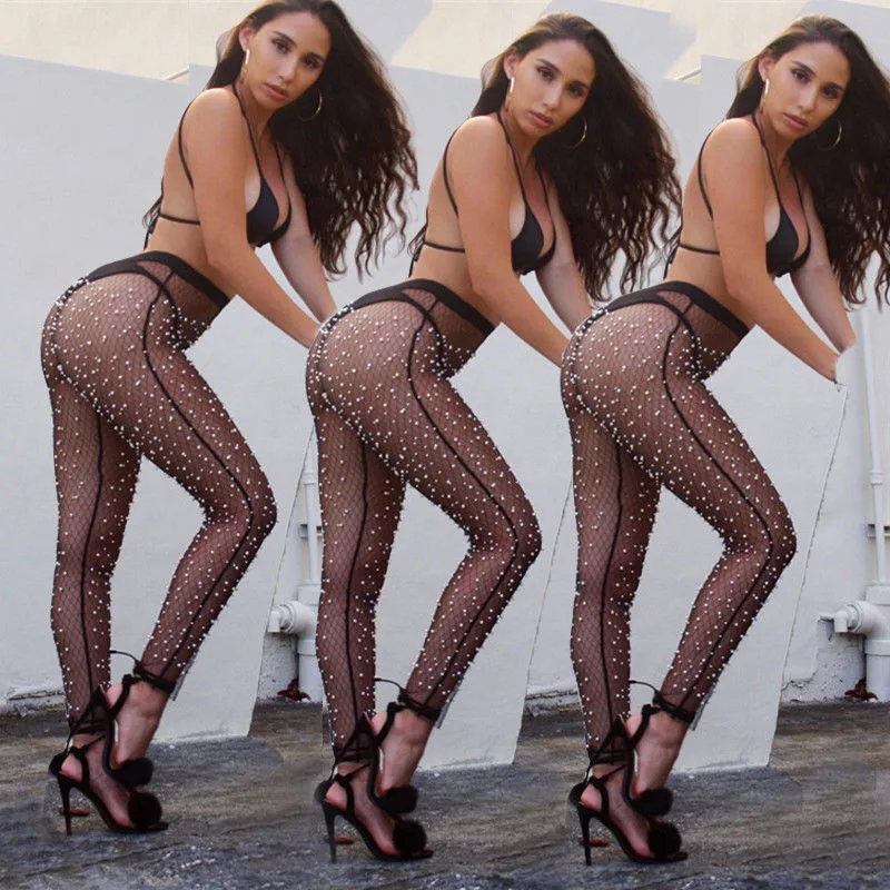 Hirigin женские брюки с жемчужной сеткой прозрачные однотонные белые черные длинные