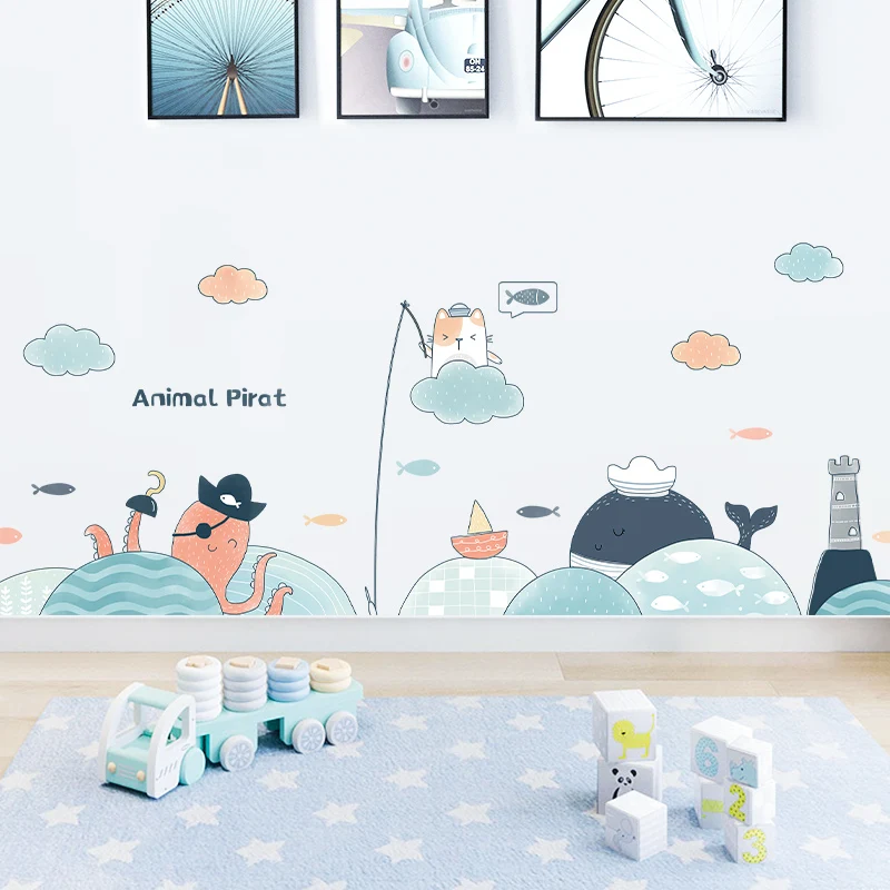 Мультяшные животные пиратские наклейки на стену для детской комнаты съемные