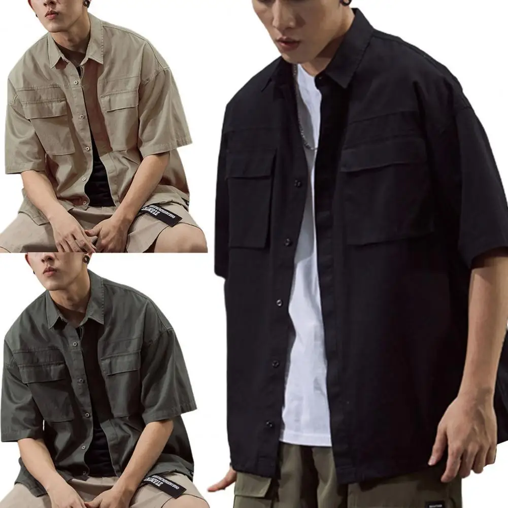 

Shirt Short Sleeve Pockets Solid Color Loose Buttons Shirt for School