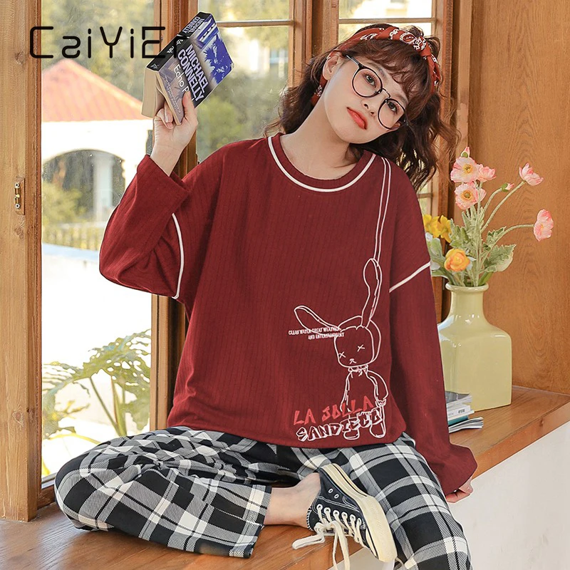 CAIYIER Cartoon Print Women Pajamas Set Long Sleeve Cotton Sleepwear Autumn Winter Girls Nightwear Soft Loose Loungwear Pyjama