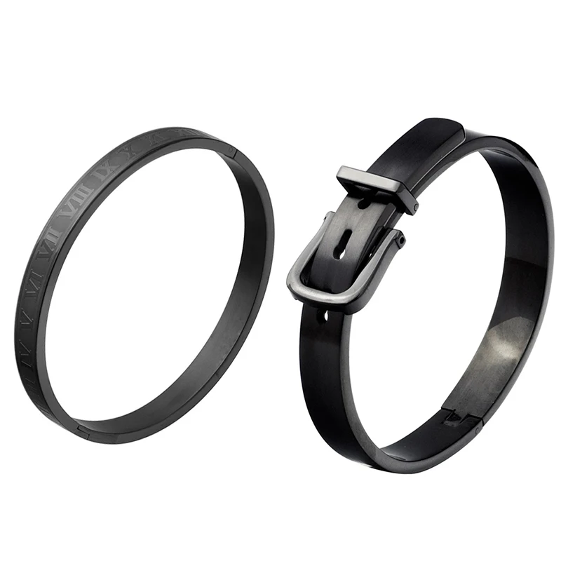 2pcs Black 4 шт./компл. роскошный мужской титановый браслет стальной Римский браслет с цифрами для мужчин Пряжка подковы жесткий браслет Bileklik ювелирные изделия - Окраска металла: 2pcs Black