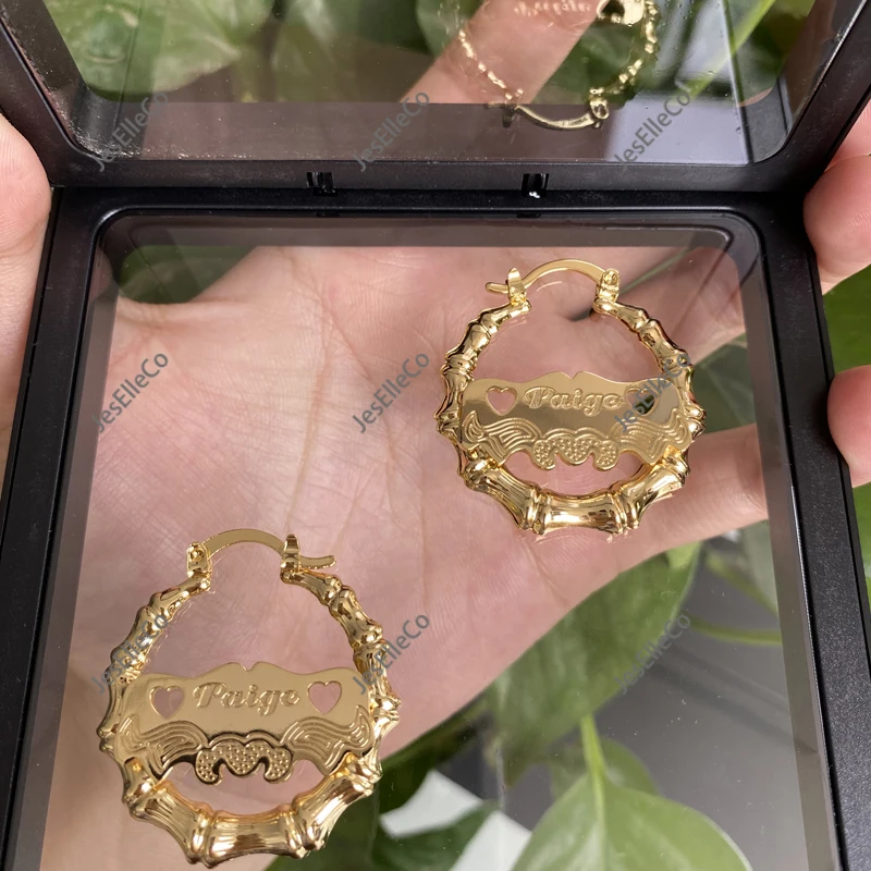 Серьги-кольца из бамбука с именем на заказ обручи под подарок день матери для