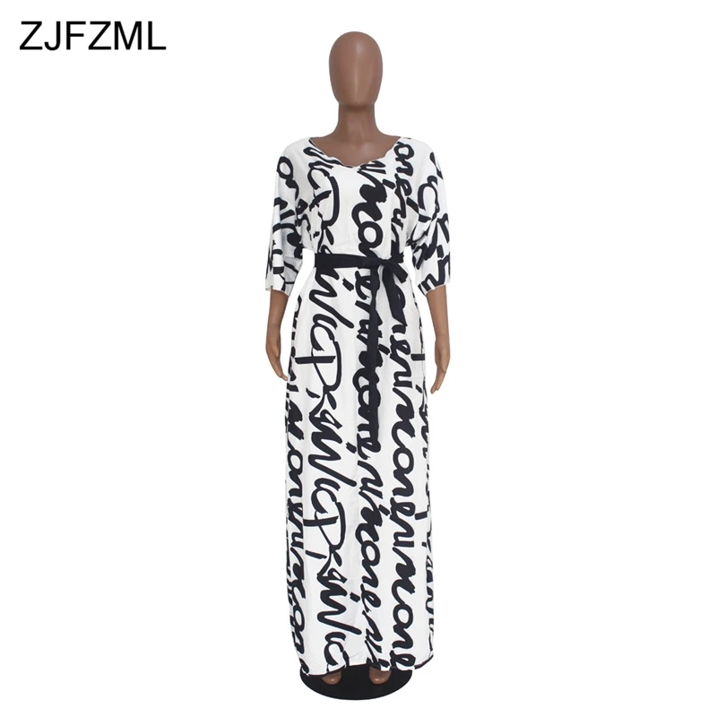 Женское платье макси в пол ZJFZML черно белое с буквенным принтом глубоким v