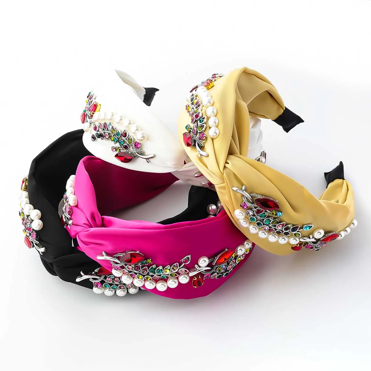 

2021 New Fashion Fabric Glass Rhinestone Imitation Pearl Flower Headband for Women Wide Side Shiny Fairy Head Hair Accessory