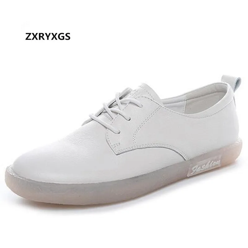 

2020 New Spring Lace-up Genuine Leather Shoes Flat Shoes Women Sneakers Wear Soft Comfort Women Casual Shoes Black White Pink