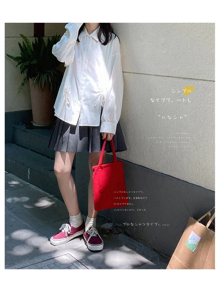 Slub Texture Drawstring Shirt Lantern Sleeve Autumn Top For Women | Женская одежда