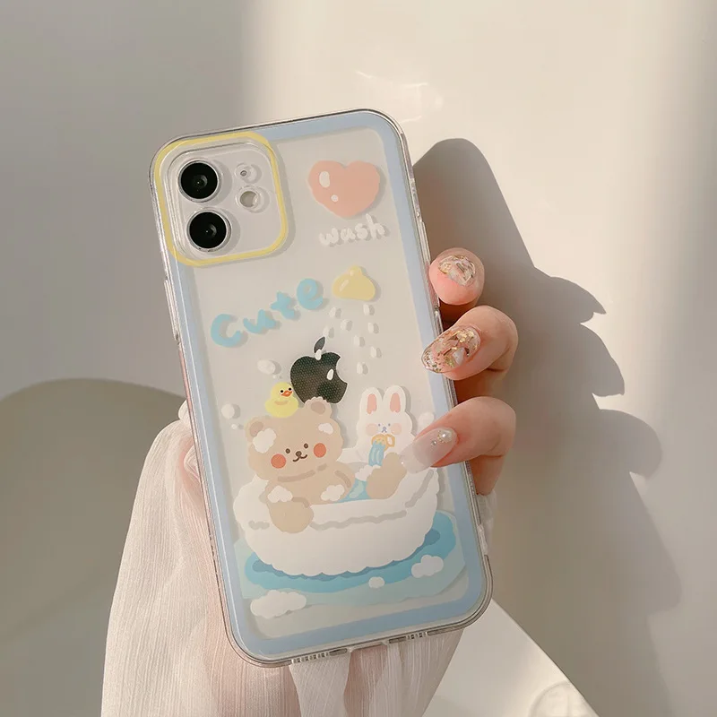 Summer swim duck and bear cute cartoon silicone cover for iphone 11 12 mini 13 pro max xsmax xr x 8 7 plus lovely phone case