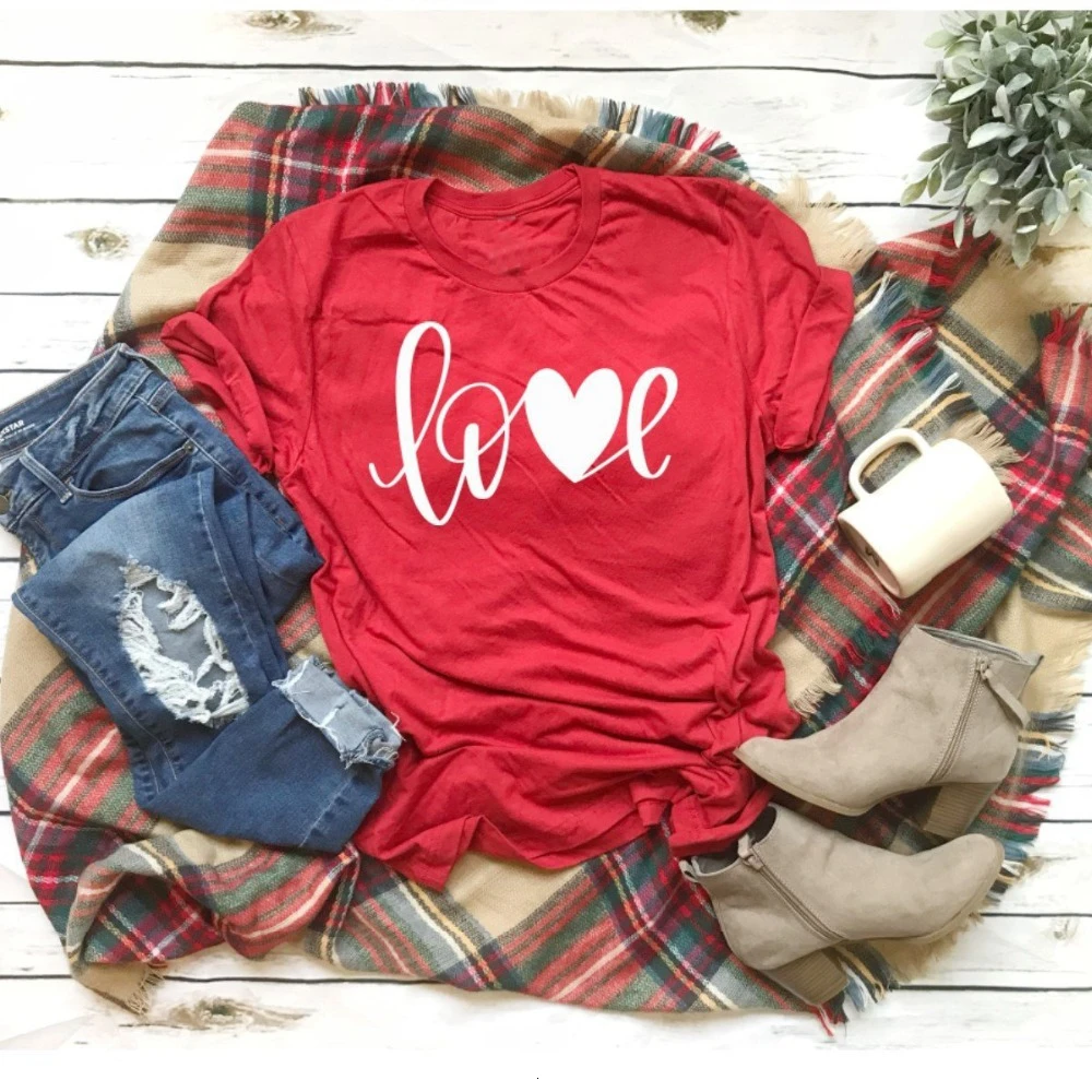 

LOVE heart graphic women fashion red tumblr cotton grunge aesthetic Valentine's Day hot sale tee cotton t-shirt goth tops-K962