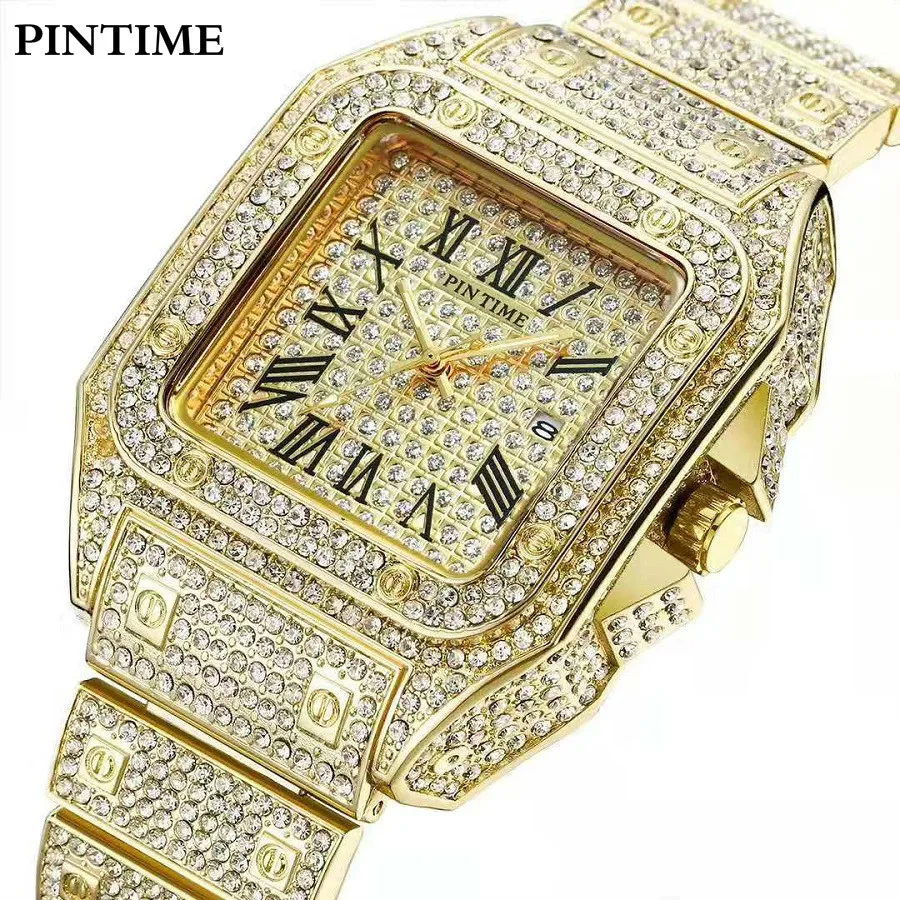 Мужские часы Iced Out мужские модные золотые черные полностью алмазные квадратные