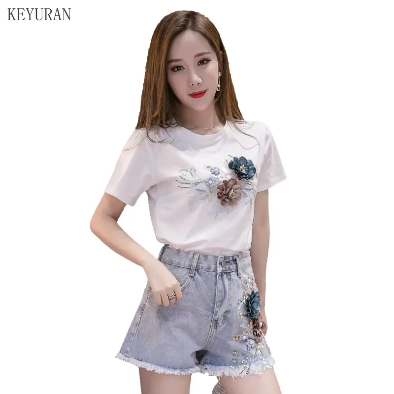 Женский костюм из двух предметов футболка с коротким рукавом и 3D цветами