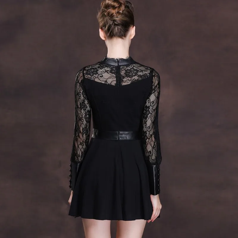 

New Ladies Sheepskin Genuine Leather Lace Dresses Women Sexy Mini Length Spring Wedding Party Vestidos Patchwork Punk Dress