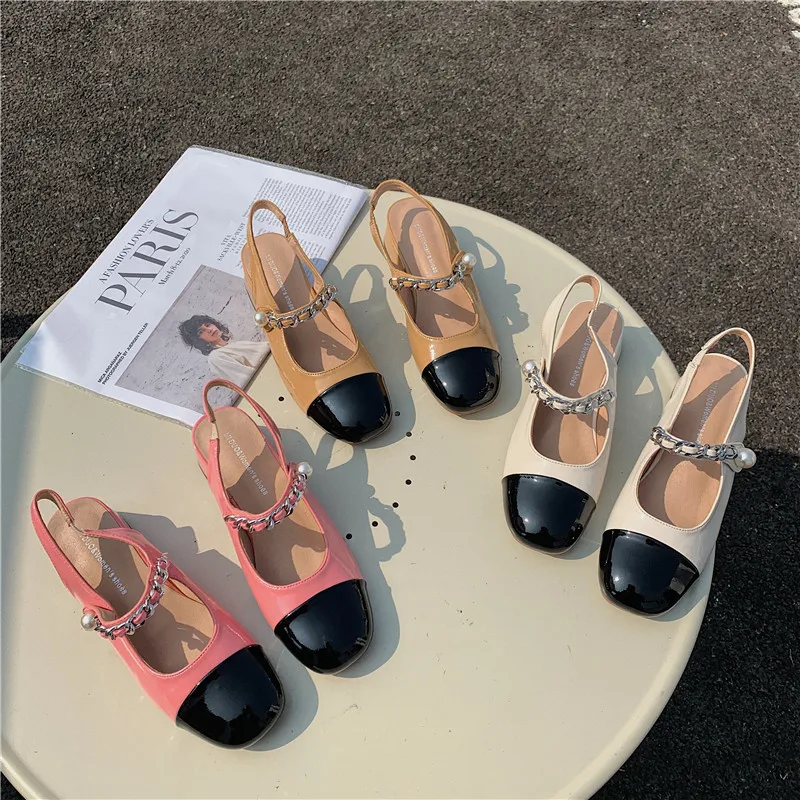 

2021 New Colors Slingback Mary Janes Shoes Women Metal Chains Pearl Med Heel Women Pumps Square Toe Designer Shoes Women
