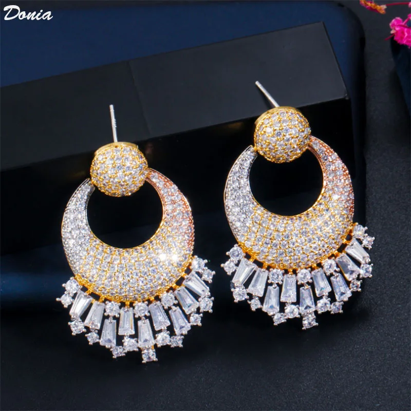 

Donia Jewelry New stylish European and American luxury tri-color copper micro-inlay AAA zircon earrings round earrings