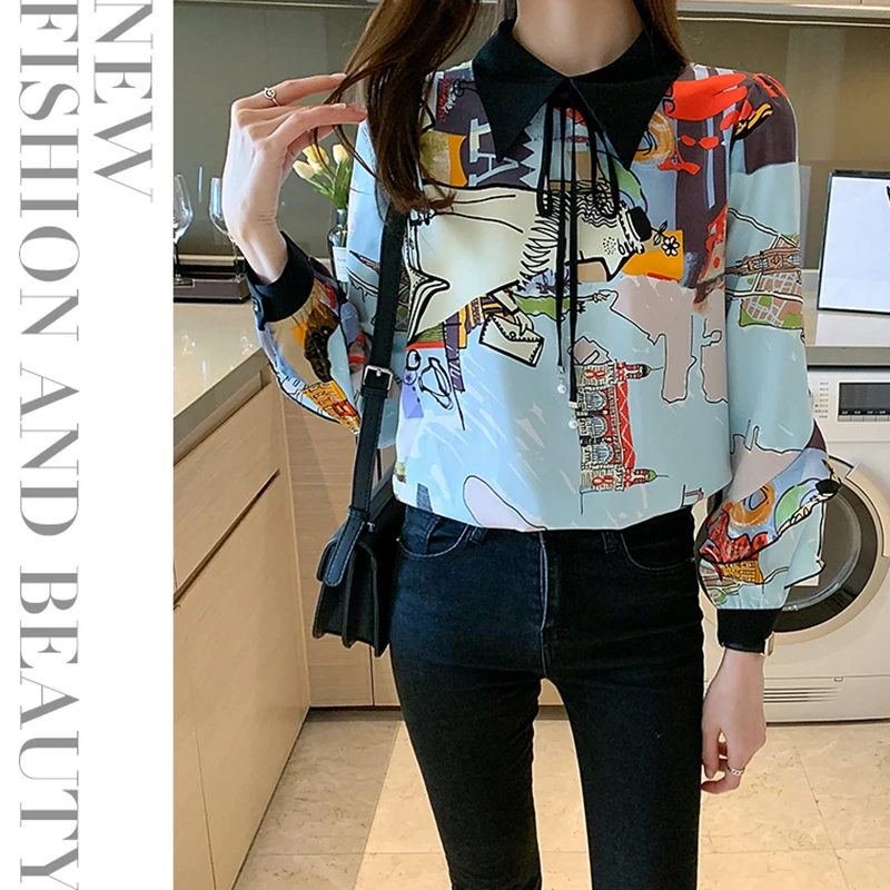 

2021 New Style Spring Print Long Sleeve Chiffon Shirt Turn-down Neck Tie Bow Blouse Elegant Temperament Plus Size Women Clothes