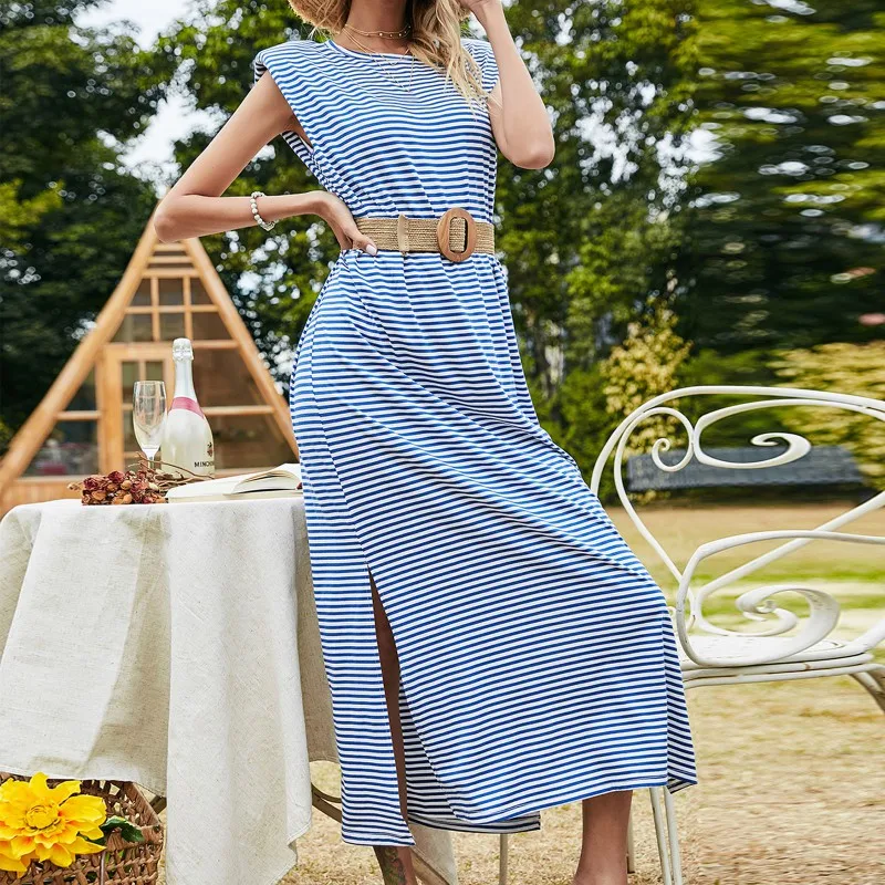 

2021 summer new style women's sleeveless mid-length a-line skirt striped dress women