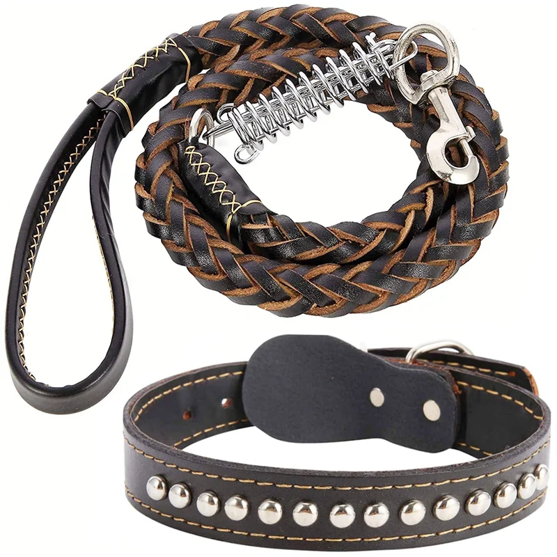 

Leather Dog Collar and Leash Set Rivet Dog Collar Braided Heavy Duty Dog Training Leash with Buffer Spring for Medium Large Dogs
