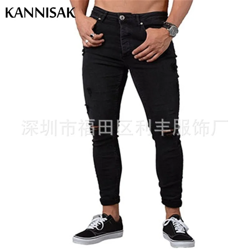 

Ripped Skinny Men Jeans 2021 Classic Distressed Pencil Pant Casual Zipper Fly Cowboys Full Length Denim Trousers Man Clothing