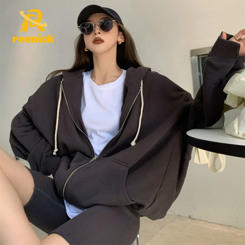 

ROENICK Women Pockets Vintage Brown Zip Up Hoodies Plus Size Winter Harajuku Sweatshirts Korean Black Autumn Streetwear Clothes